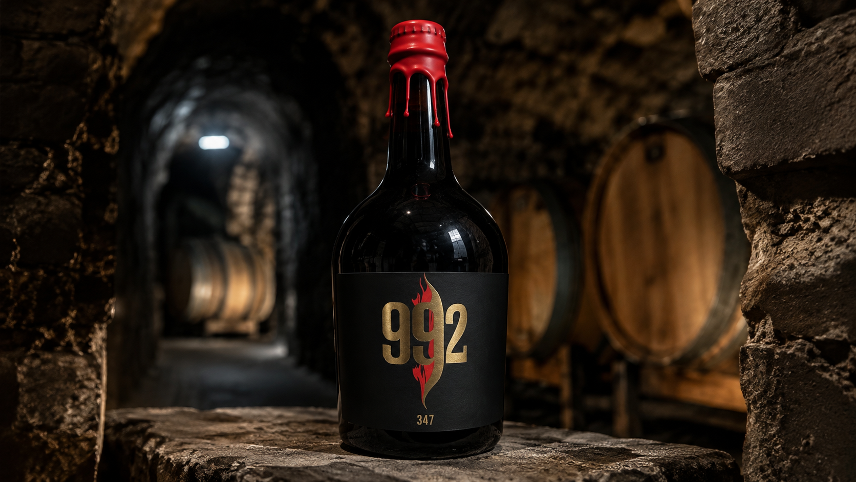Botella 992 con barricas en la mina